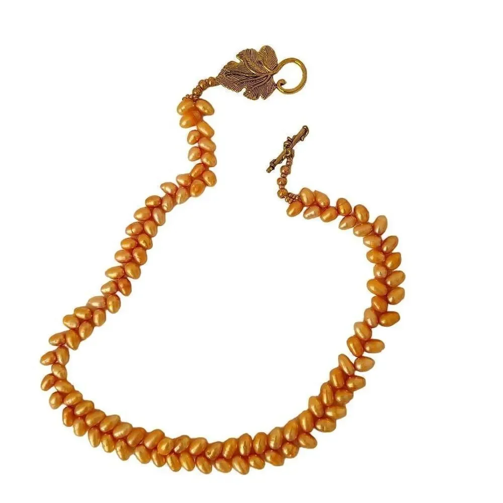 Womens Soft Golden Orange Gold Leaf Closure Double Layer Seed Pearl Necklace
